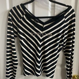 bebe Black and White Striped Long Sleeve V‑Neck Top with Rhinestone Detail